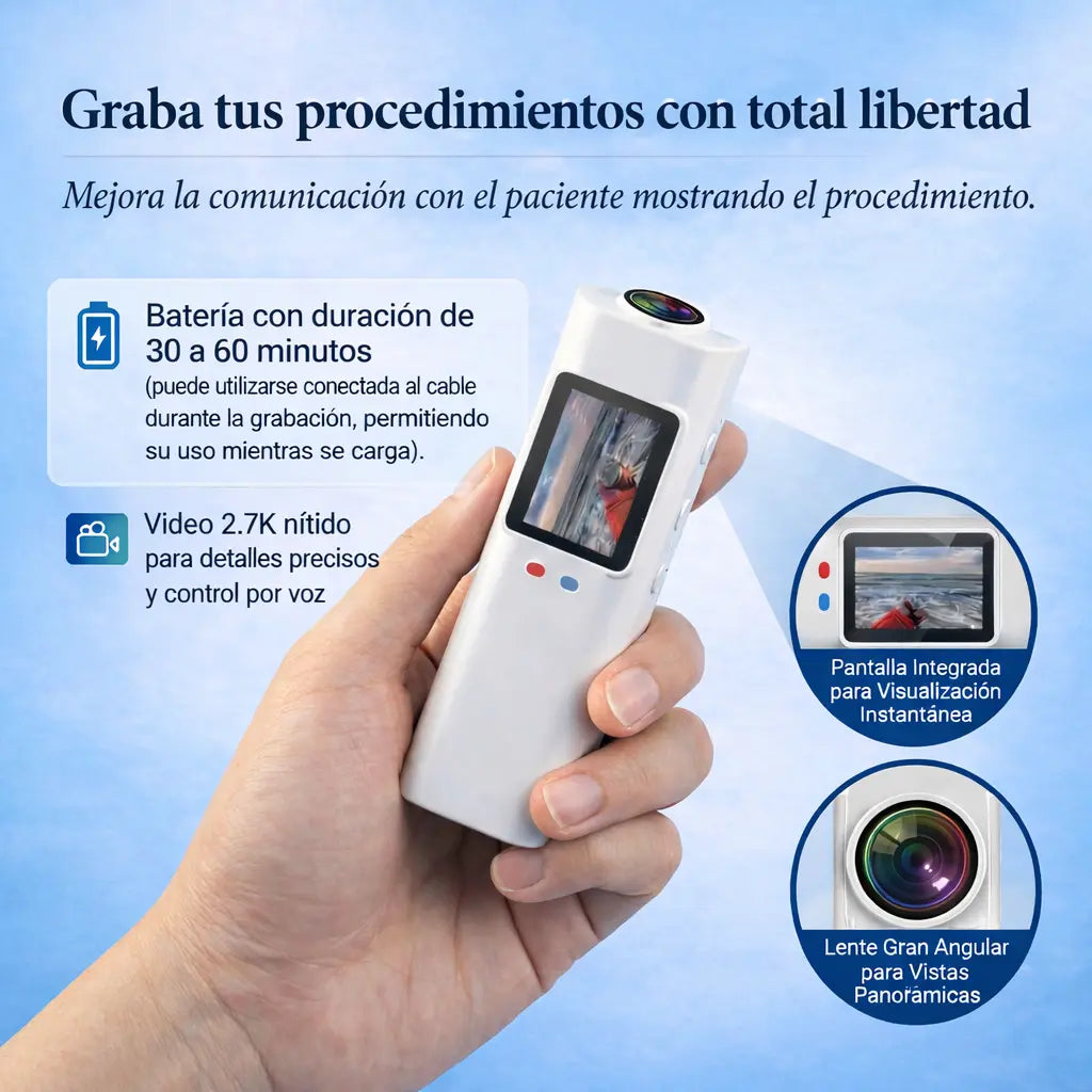 Graba tus procedimientos con total libertad — batería 30-60 min, vídeo 2.7K, pantalla integrada y lente gran angular